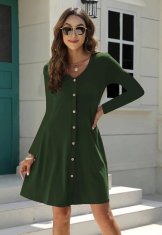 Zelena ženska midi obleka V-neck casual ohlapen A-line kroj z žepi in gumbi, do kolen, 95 % bombaž 5 % elastan, mehka lahka elastična, za prehodno obdobje, velikost S