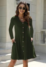 Zelena ženska midi obleka V-neck casual ohlapen A-line kroj z žepi in gumbi, do kolen, 95 % bombaž 5 % elastan, mehka lahka elastična, za prehodno obdobje, velikost S