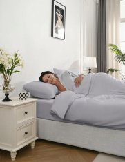 Rjuha z gumijem 140x200 cm bambusova svetlo siva – veganska svila, termoregulacija, visoka prepustnost zraka, za topper in box spring, globina 35 cm, pralni stroj in sušilnik