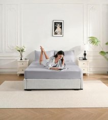 Rjuha z gumijem 140x200 cm bambusova svetlo siva – veganska svila, termoregulacija, visoka prepustnost zraka, za topper in box spring, globina 35 cm, pralni stroj in sušilnik
