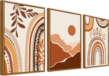 Set 3 slik na platnu Boho abstraktno geometrijsko sonce in gore rjave barve 3 kom 50x70 cm, visokokakovostno arhivsko platno, leseni okvir, nameščena obešala, za dnevno sobo, spalnico ali pisarno