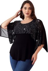 Elegantna ženska bluza Plus Size tunika iz čipke s bleščicami črna 2XL, 95% viskoza 5% elastan, poldolgi rokavi, okrogel izrez s kamenčki, za poroko, jubilej ali večerjo