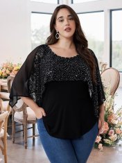 Elegantna ženska bluza Plus Size tunika iz čipke s bleščicami črna 2XL, 95% viskoza 5% elastan, poldolgi rokavi, okrogel izrez s kamenčki, za poroko, jubilej ali večerjo