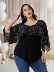 Elegantna ženska bluza Plus Size tunika iz čipke s bleščicami črna 2XL, 95% viskoza 5% elastan, poldolgi rokavi, okrogel izrez s kamenčki, za poroko, jubilej ali večerjo
