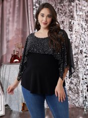 Elegantna ženska bluza Plus Size tunika iz čipke s bleščicami črna 2XL, 95% viskoza 5% elastan, poldolgi rokavi, okrogel izrez s kamenčki, za poroko, jubilej ali večerjo