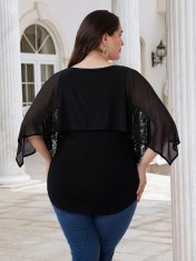 Elegantna ženska bluza Plus Size tunika iz čipke s bleščicami črna 2XL, 95% viskoza 5% elastan, poldolgi rokavi, okrogel izrez s kamenčki, za poroko, jubilej ali večerjo
