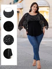 Elegantna ženska bluza Plus Size tunika iz čipke s bleščicami črna 2XL, 95% viskoza 5% elastan, poldolgi rokavi, okrogel izrez s kamenčki, za poroko, jubilej ali večerjo