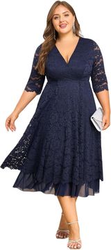 Elegantna čipkasta koktajlska obleka za priložnosti temno modra Plus Size XL, z lahkotno gazo, izrez v obliki črke V, 3/4 rokavi, poudarjen pas, z zadrgo, za poroke in koktajl zabave