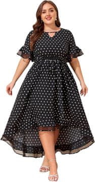 Ženska maxi večerna elegantna obleka v pikah s žepi črna 2XL plus size, A-linija, mrežica s tiskom pik, kratki rokavi z volančki, elastičen pas, stranski žepi, za poroko, koktajl in poletje