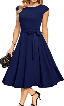 Vintage koktajlna obleka za ženske A-Line Swing retro 50. let midi dolžina elastična dihajoča tkanina okrogel izrez odstranljiv pas rockabilly temno modra 2XL za poroke in zabave