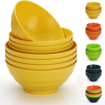 Rumene plastične sklede set 8 kom (4 x 500 ml in 4 x 1000 ml) za večkratno uporabo nelomljive lahke za žitarice, juhe, solate, popcorn in sadje piknik kampiranje pomivanje v pomivalnem stroju