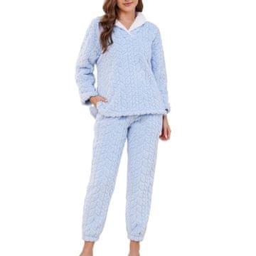 Ženska dvodelna pižama plišasta mehka topla udobna iz žakardne volne lambswool (flis) bluza z dolgimi rokavi in ovratnikom turn-down hlače z nastavljivo vezalko ohlapen kroj modra velikost S