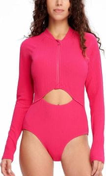 Ženski rashguard enodelni kopalni kostum z dolgimi rokavi UPF 50+ hitro sušeč z zadrgo odstranljivi oblazinjeni vložki za prsi roza velikost 2XL za plavanje surfanje snorkljanje vodne športe