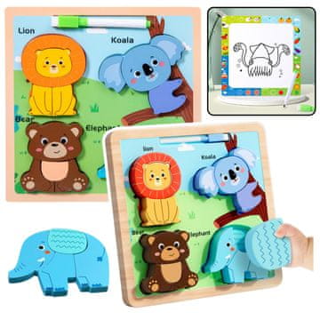slomart LEAN TOYS 2v1 Lesena sestavljanka Divje živali s tablico za risanje