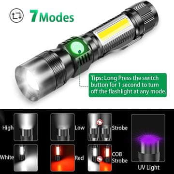 KJB Polnilna LED svetilka z bočno COB lučjo in UV načinom, izvedba 18650