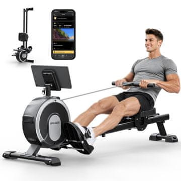 AKLUER RM001 veslaški trenažer magnetni upor 16 stopenj dvojna tirnica nosilnost 150 kg hrup pod 20 dB zložljiv Kinomap držalo za tablico kolesca pedala z jermeni