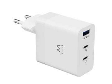 Ewent Stenski polnilec Ewent EW1323, GaN, 65W, 2x USB-C, 1x USB-A QC 3.0, bel