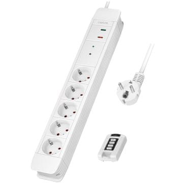 LogiLink Vtičnica 5-smerna z daljinskim upravljalnikom 433 MHz Prenapetostna zaščita 1,5 m Bela