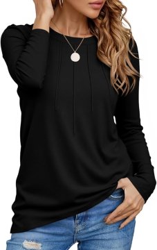 Ženska tunika bluza z dolgimi rokavi nagubana črna velikost S – ohlapen oversize krој, okrogel izrez (crew neck), dihljiva tkanina, dolžina tunike, za pisarno, vsakodnevno nošenje