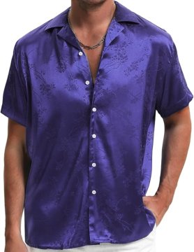 Moška satenasta srajca s cvetličnim žakardnim vzorcem kratek rokav poliester regular fit ovratnik lapel gumbi na celotni dolžini vijolična velikost 4XL za poroke zmenke in poletne priložnosti