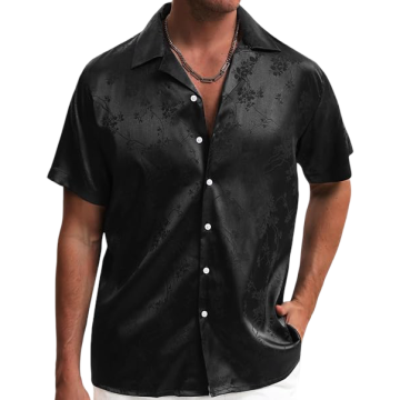 Moška satenasta srajca s kratkim rokavom z žakardovim cvetličnim vzorcem za priložnosti Elegantna črna XXL Regular fit 100% poliester klasičen ovratnik lapel elegantni gumbi