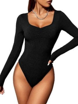 Ženski body z dolgimi rokavi rebrasta pletenina izrez v obliki srca prilegajoč slim fit kroj elastičen mehak material za vsakodnevno poslovno in večerno nošenje črn velikost L