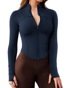 Ženski športni crop top pulover s cip čez celotno dolžino za tek, jogo in fitnes, prilegajoč krój, 4-smerni raztezek, 78 % poliester 22 % elastan, hitro suši, temno modra XL