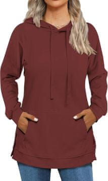 Ženski pulover s kapuco in žepom Casual rjav velikost M iz microsuede materiala (90% poliester, 10% elastan) s stranskimi rezi, daljšim hrbtom, nastavljivo kapuco z vrvico, odporen proti gubanju