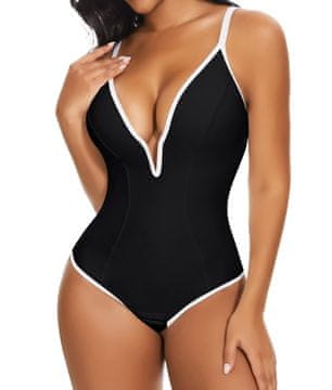 Ženska oblikovalna telesna majica shapewear s čipko črna velikost L z vzorcem zebre, globok V-izrez brez skodelic, kroj tipa tangice, zunanji material čipka najlon spandex