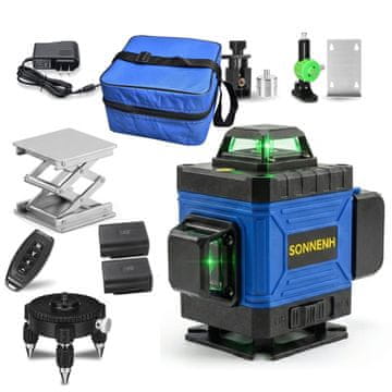 SONNENH Laserski nivelir s 16 zelenimi linijami, modra izvedba z dvema baterijama z zaslonom, stenski nosilec, dvižna platforma, polnilnik in torba
