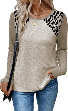 Ženska bluza z dolgimi rokavi v leopardjem vzorcu animal print rebrasta pletenina mehka dihljiva prilegajoč casual kroj okrogel izrez s kontrastnim obrobem siva velikost XL za jesen