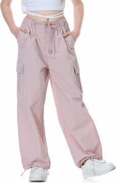 Otroške hlače Cargo za deklice Parachute Y2K ohlapne Wide Leg iz produšne tkanine tipa linen-feel z elastičnim pasom, regulirane zaponke pri gležnjih, žepi cargo Roza 140 cm 8-9 let