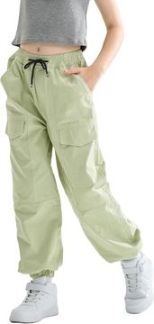 Otroške cargo hlače unisex ohlapne streetwear hlače salvijeva zelena (Sage Green) velikost 140 cm 8-9 let bombažne z elastičnim pasom in zategovalniki ob hlačnicah več žepov
