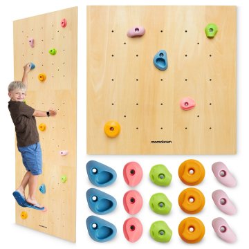 Mamabrum Lesena plezalna stena za otroke s 15 barvnimi oprimki - 225 x 75 x 2 cm, nosilnost 100 kg, od 3 let, 3 plošče in 12 vijakov