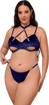 Komplet spodnjega perila za ženske 2 kom nedrček s kitami in hlačke modra velikost M plus size z nastavljivimi kovinskimi sponami na hrbtu in elastičnimi trakovi na dekolteju