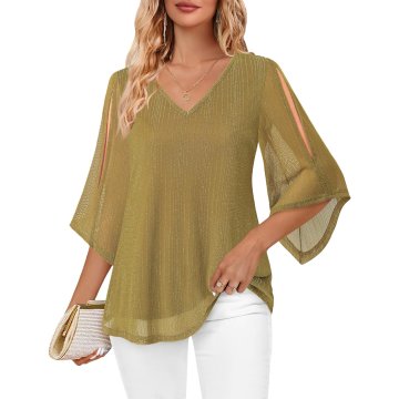 Ženska tunika z rokavi 3/4, polprosojni, high-low kroj, Henley V-izrez z nagubanjem, dvoslojna, elegantna zračna poletna bluza za pisarno, zabave in dopust, bež, XXL