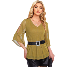 Ženska tunika z rokavi 3/4, polprosojni, high-low kroj, Henley V-izrez z nagubanjem, dvoslojna, elegantna zračna poletna bluza za pisarno, zabave in dopust, bež, XXL