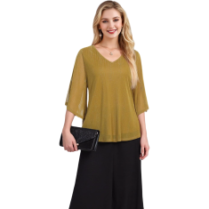 Ženska tunika z rokavi 3/4, polprosojni, high-low kroj, Henley V-izrez z nagubanjem, dvoslojna, elegantna zračna poletna bluza za pisarno, zabave in dopust, bež, XXL