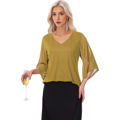 Ženska tunika z rokavi 3/4, polprosojni, high-low kroj, Henley V-izrez z nagubanjem, dvoslojna, elegantna zračna poletna bluza za pisarno, zabave in dopust, bež, XXL