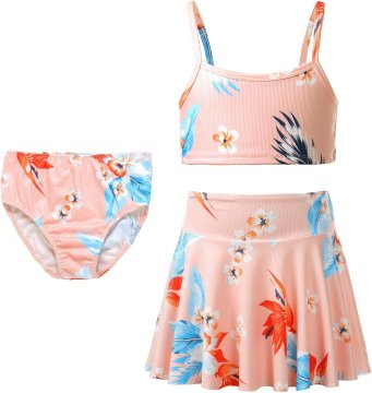 Dekliški kopalni komplet Tankini 3-delni s krilcem roza 140 – za deklice 6–12 let, 110–160 cm, hitro sušeč, dihajoč, elastičen, pralni stroj, hlačke, zgornji del, krilce, za plavanje in plažo
