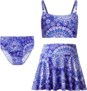 Dekliški kopalni kostim Tankini 3-delni komplet (top, hlačke, krilce) modre barve 140 cm za deklice, elastičen, hitro se suši, diha, za bazen, plažo, vodne športe in učenje plavanja