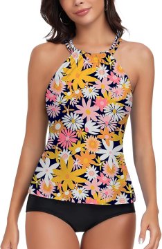 Ženski top tankini Crossback hitrosušeč z oblikovanimi vložki UPF 50+ z zaščito pred soncem, odprt hrbet s križnimi vezalkami, slim fit, večbarvni, velikost XS, za plažo