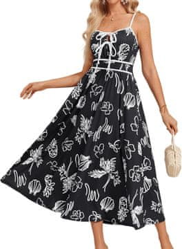 Ženska maxi poletna obleka s cvetličnim vzorcem, črna, velikost S, A-line, V-neck, nastavljive spaghetti naramnice, 95% poliester 5% elastan, dva stranska žepa, do gležnjev, elastičen hrbet