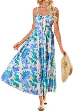 Ženska maksi obleka v boho slogu poletna zračna cvetlična elegantna modra A-line do gležnjev V-neck nastavljive naramnice spaghetti 2 žepa elastičen pas 95% poliester 5% elastan velikost L