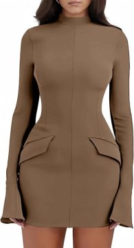 Ženska mini obleka bodycon rjava z visokim ovratnikom, dolgimi razširjenimi rokavi in žepi, elastična iz poliestra in elastana, debelejša tkanina za jesen in zimo, zadrga na hrbtu, za zabavo