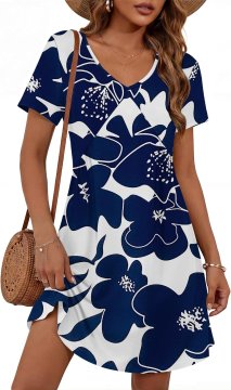 Poletna ženska midi obleka A-line cvetlična, temno modro-bela, velikost S, empire pas, V-izrez, 2 skrita žepa, 90 % poliester 10 % spandex, za pomlad, poletje in jesen