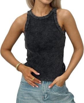 Home Ženska majica racerback Tank Slim Fit z visokim okroglim izrezom Črna S iz rebrastega pletiva bombaž-poliester z visoko elastičnostjo, vintage videz z učinkom nežnega pranja, zračna za vroče dni