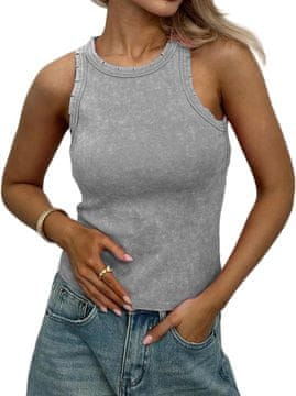 Home Ženska majica racerback tank top siva prilegajoča elastična iz mešanice bombaža in poliestra z rebrastim vzorcem slim fit visok izrez vintage acid wash videz za jeans in kratke hlače