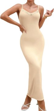 Ženska kombineza iz čipke brez šivov, bodycon, 95% bombaž 5% elastan, nastavljive tanke naramnice, V-izrez, za oblikovanje postave, pod obleko, domača oblačila, mehka, bež, M