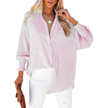 Ženska oversize srajca v črtah na gumbe elegantna casual roza bela velikost XS sproščen kroj dolg rokav z elastičnimi manšetami praktični žepi lahka dihljiva tkanina za pisarno in vsakdan
